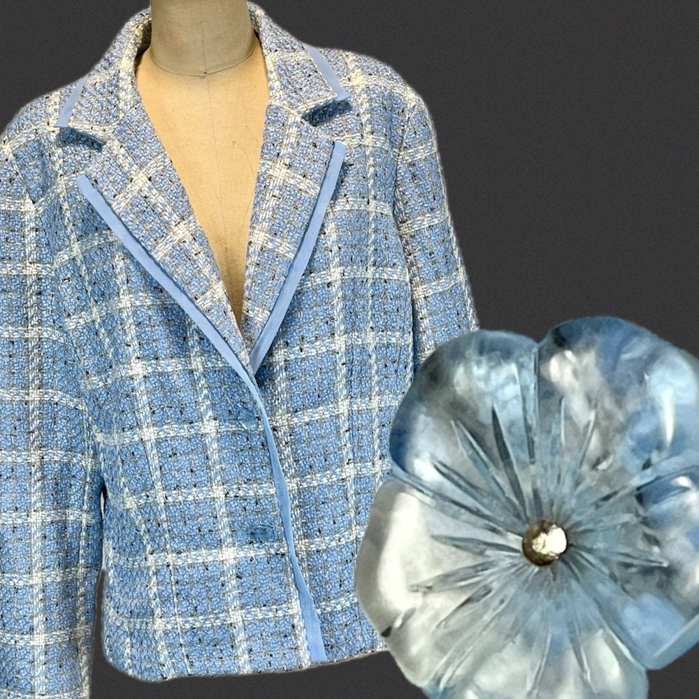 VINTAGE sky blue woven boucle blazer suit coat jacket windowpane plaid check 90s